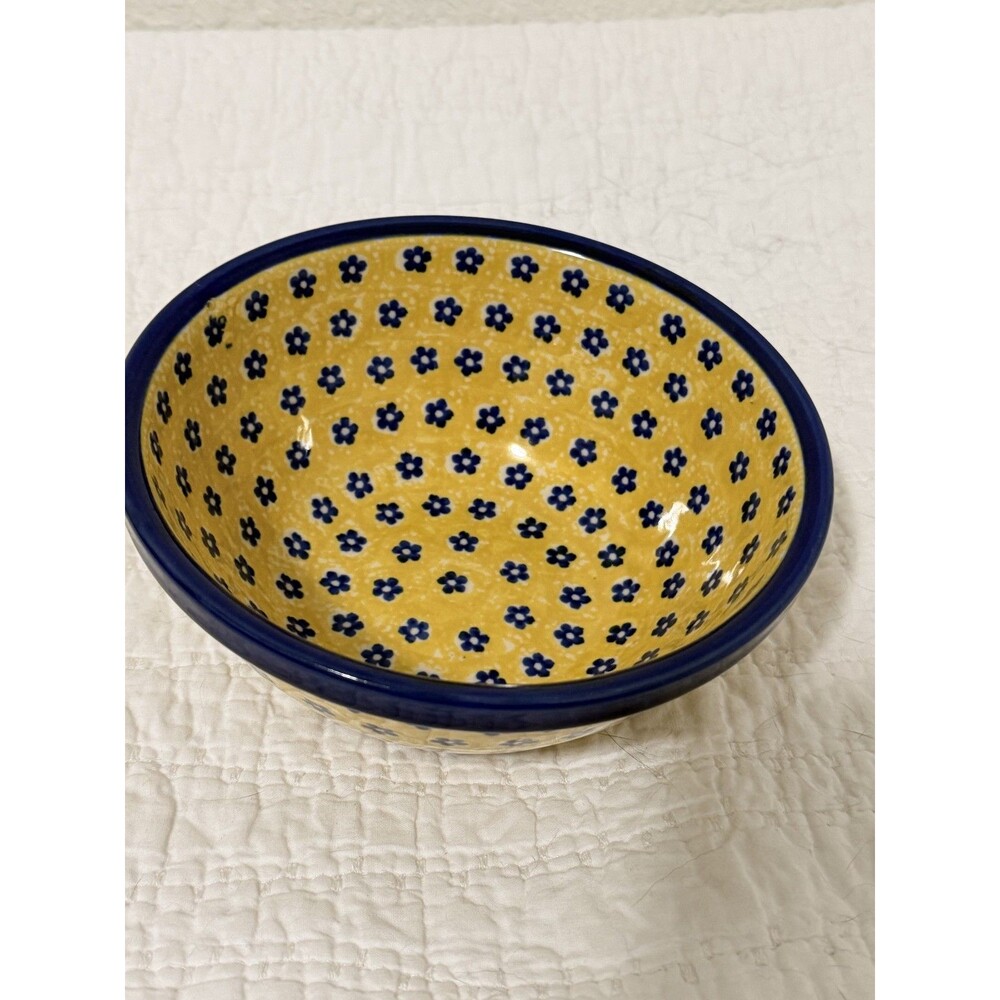 Polish Pottery Yellow Blue Bowl Sunburst Lemon Square Floral